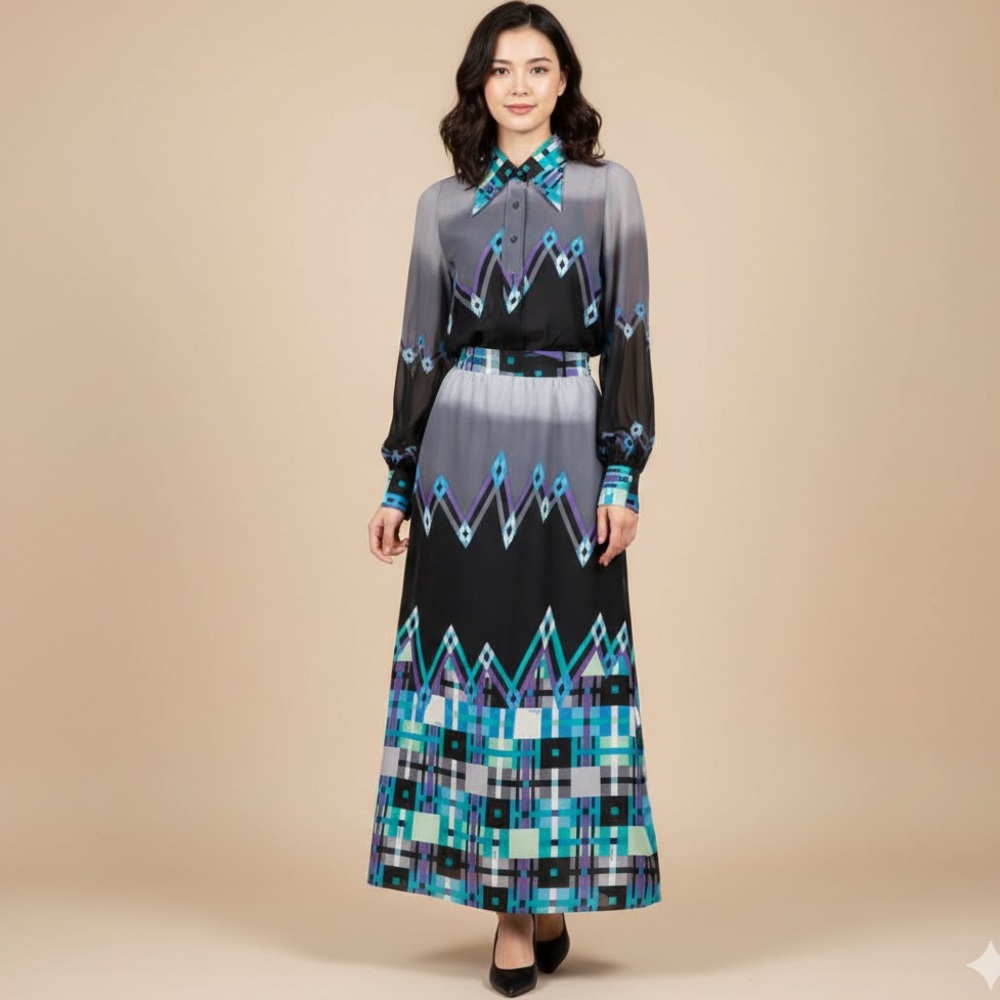 Saks Fifth Avenue VTG‎ 100% Silk Blouse and Skirt Set, Turquoise/Black Grey